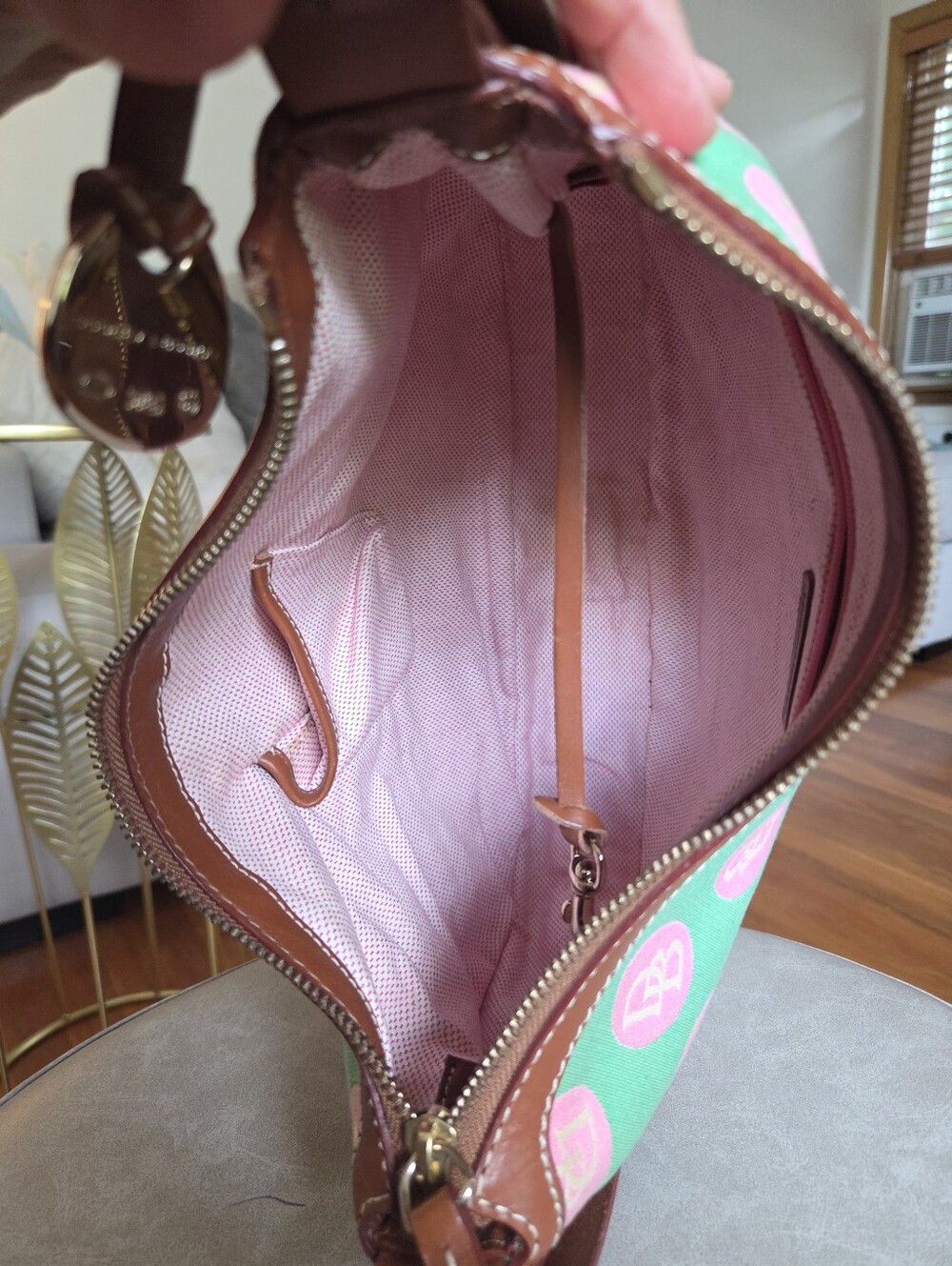 Dooney & Bourke Y2K Vintage Hobo Bag Monogram Polka Dot Pink Green Palm Beach - Picture 5 of 12